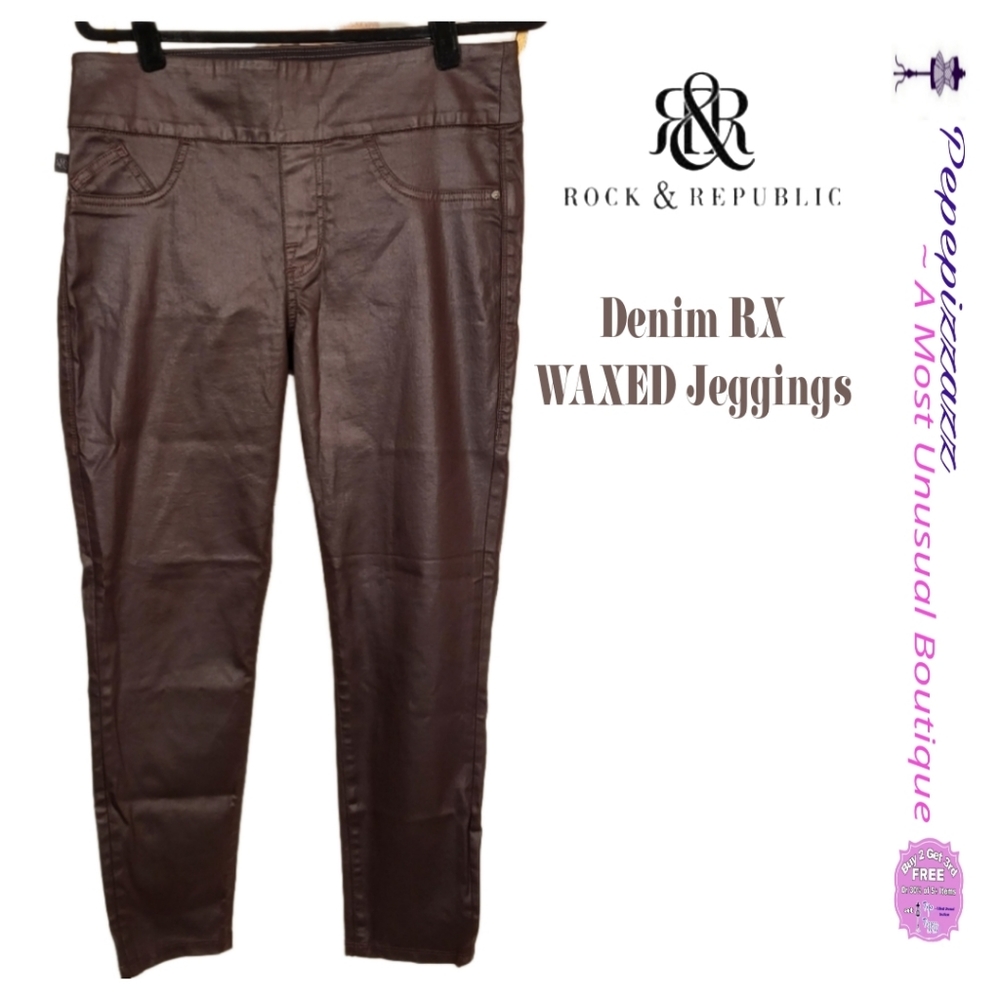 ROCK & REPUBLIC Denim RX Wax coated waxed pull on jeans jeggings stretch. 14
